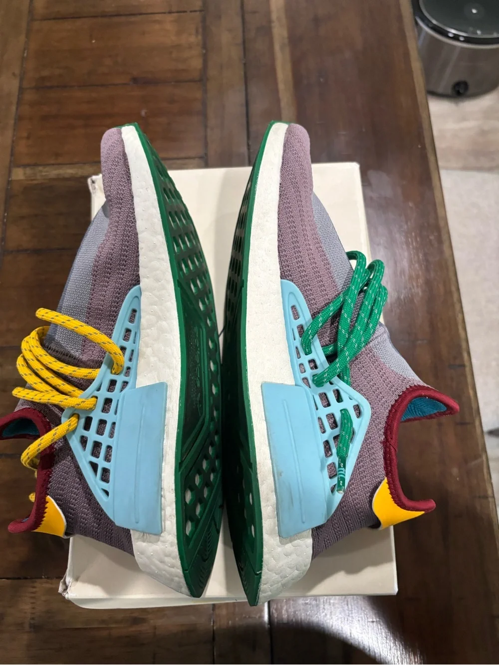 adidas Mens Purple Knit Sneakers with Green and Yellow Laces